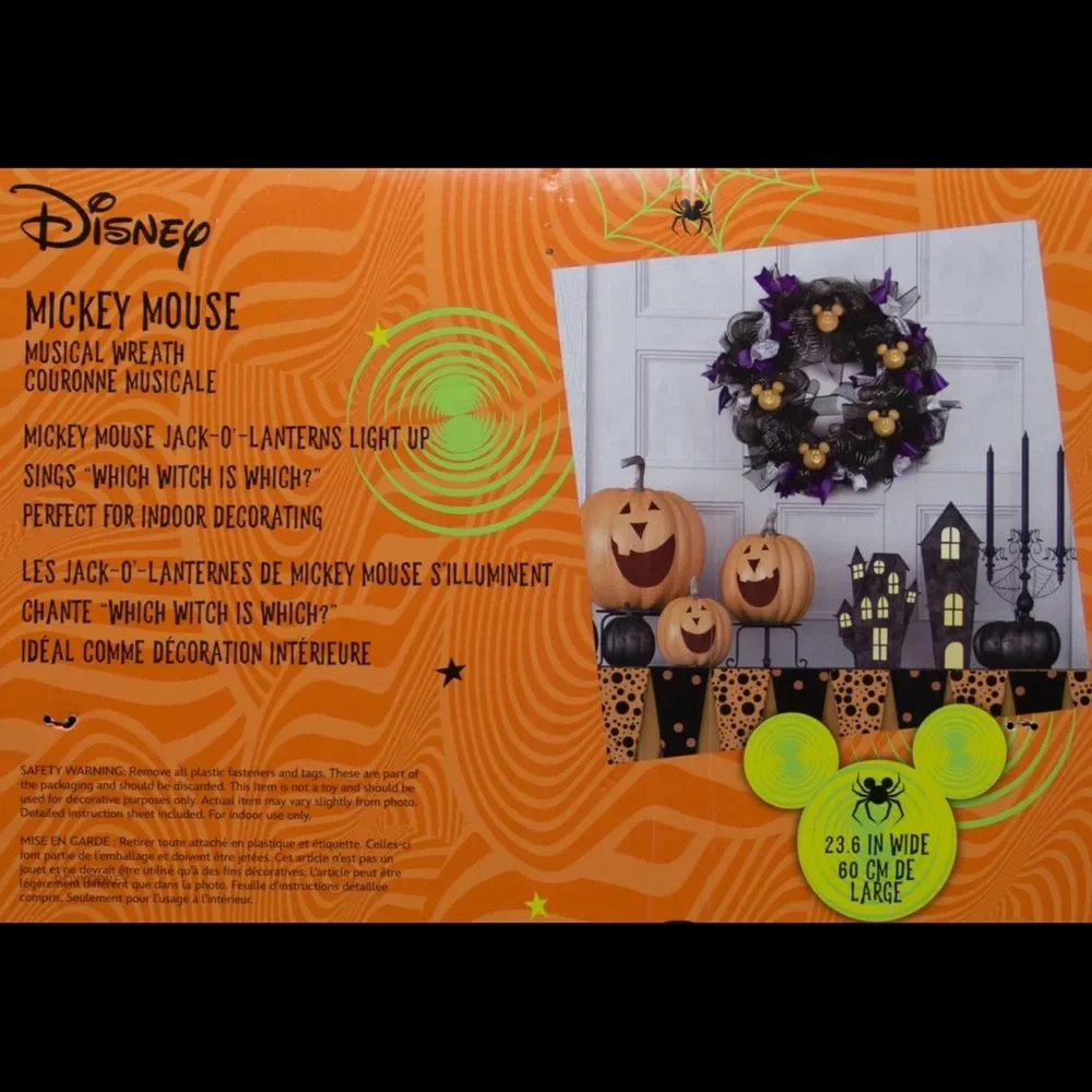 NWT. Disney Halloween Mickey Mouse Musical Lighted Black Wreath Mickey Pumpkins
